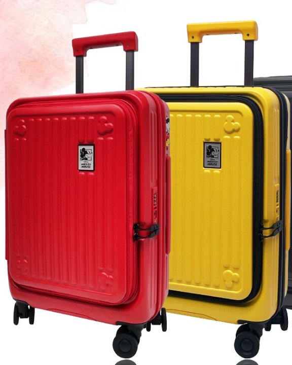 Red and yellow Mickey Mouse front-open suitcases